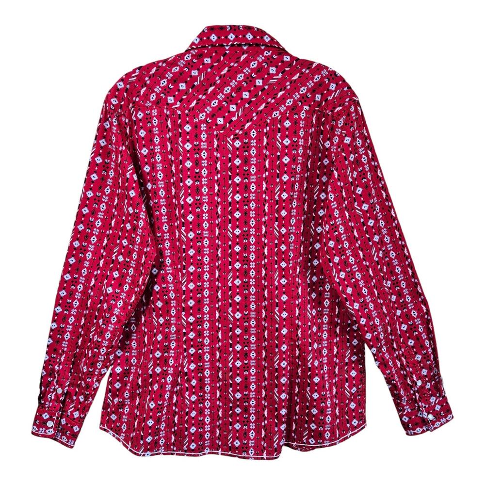 PANHANDLE ROUGH STOCK Women's L Western Shirt Pearl Snaps Red Blue White 40" - Picture 7 of 7